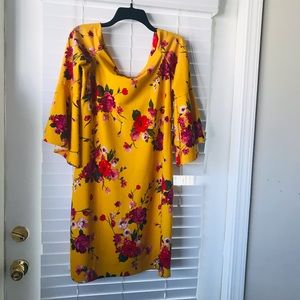 Yellow flower midi dress with bell sleeves
